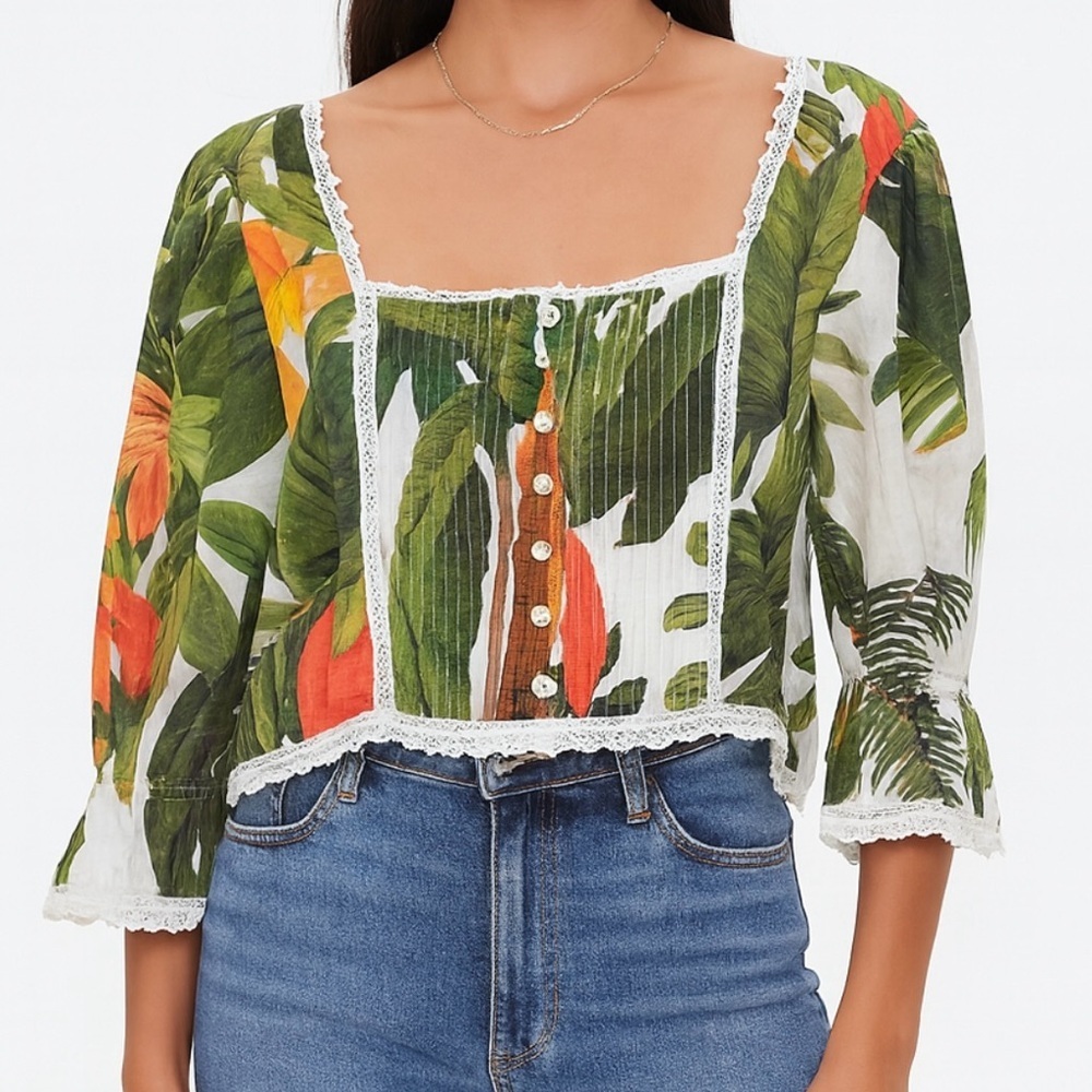 Farm Rio Tropical Cocoa Forest Green Peasant Top Cottagecore Boho Festival Large